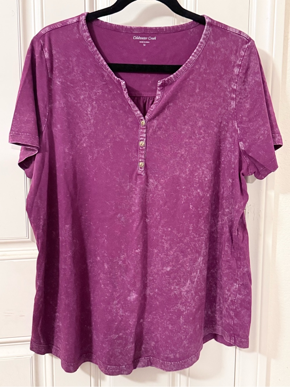 Coldwater Creek Purple Mineral-Wash Henley Short-Sleeve Tee